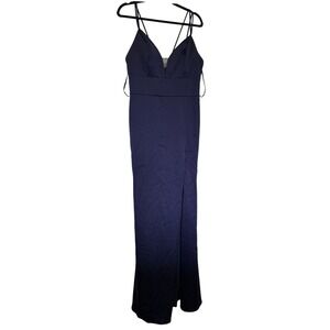 Navy Blue V-Neck Satin Formal Evening Gown Maxi Dress with Slit Prom Wedding